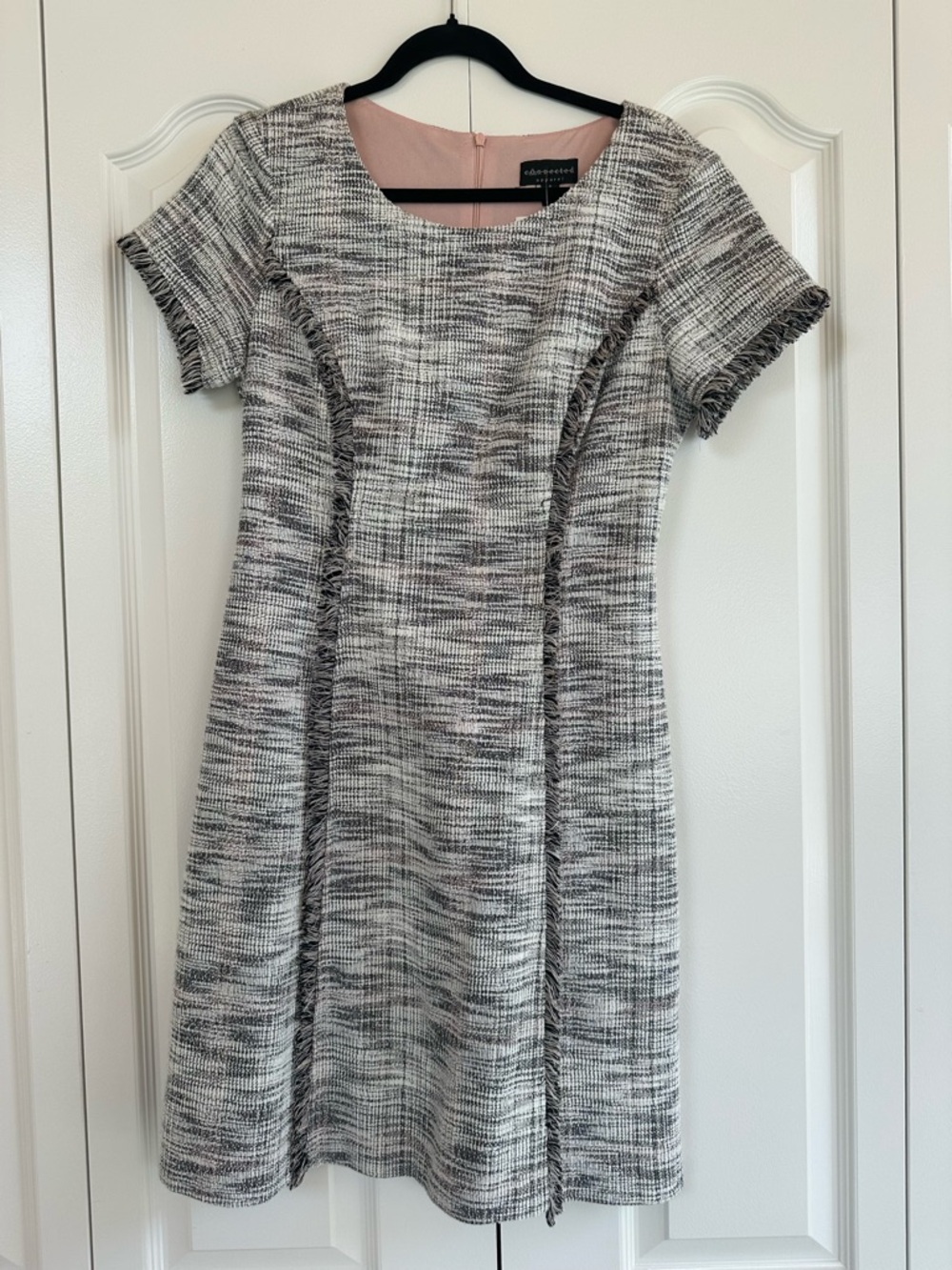 connected apparel Grey Tweed Fringe-Trim Midi Dress with Pink Lining